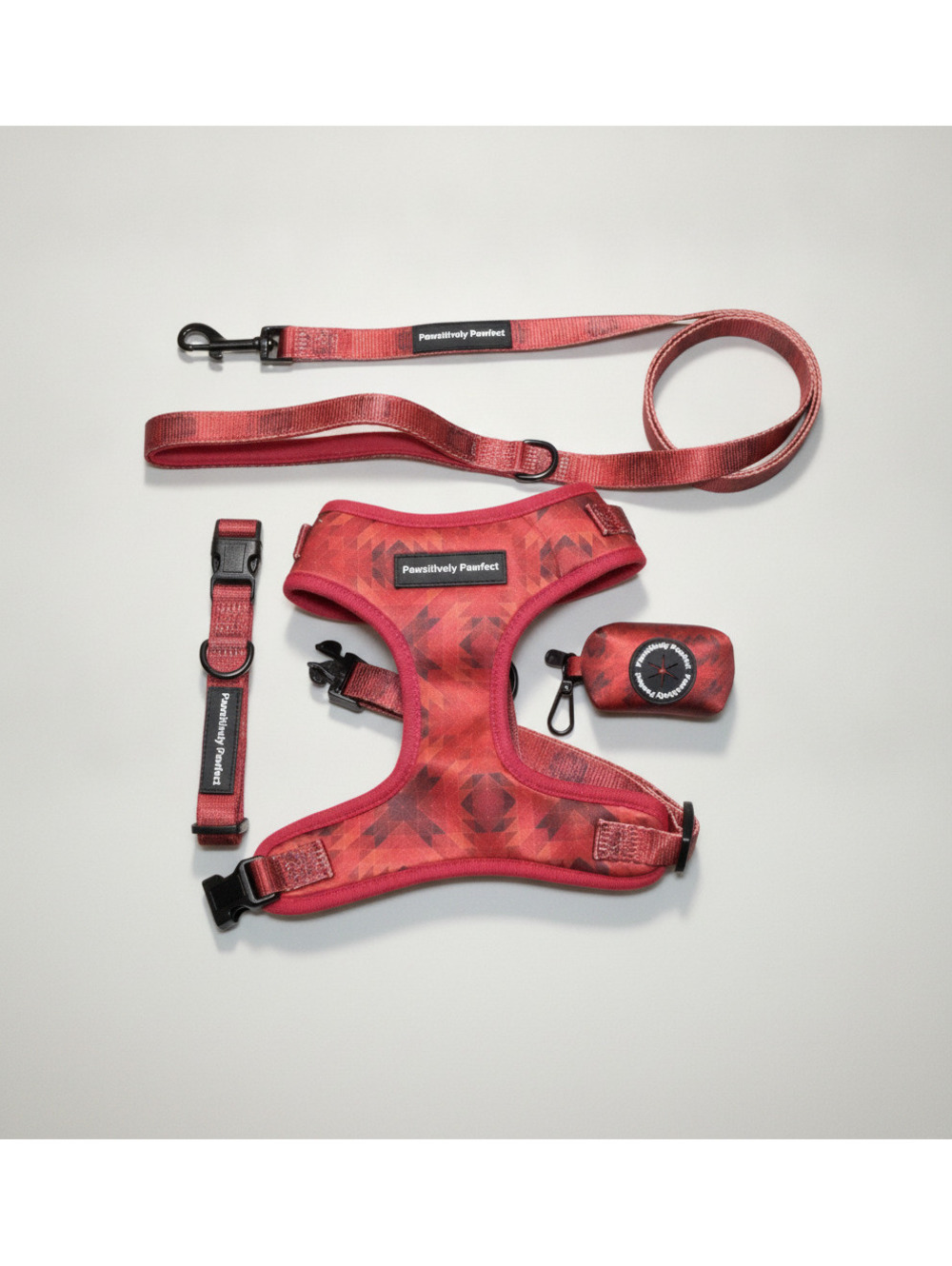 Dog Harness Leash Collar Set Red Black Medium w/ Poop Bags & Dispenser 4pc Lot